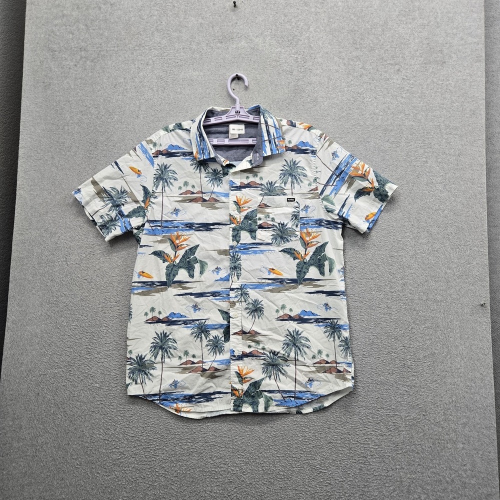 Hurley Men Button Up Shirt L White Floral Hawaiian Shirt Short‎ Sleeve